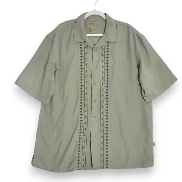 Cabana Shirt Mens XL Sueded Relax Casual‎ Button Down Olive Green Embordered - Picture 1 of 7